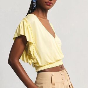 Anthropologie Pale Yellow Ruffle-Sleeve V-Neck Top